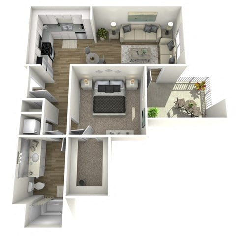 Floor plan for 1 bed, 1 bath, 722 sqft